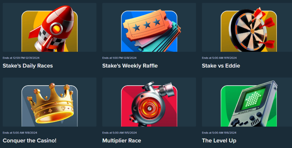 Stake Casino offers a variety of promotions such as Stake's Daily Races, Casino Conquest, National Football – Double Wins