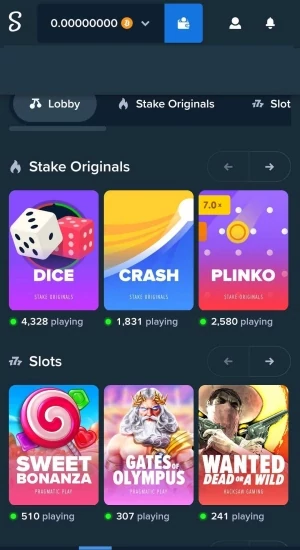 Visual of Stake app, on top shows the balance in bitcoin and in the center Stake originals with the most popular Games and Slots!