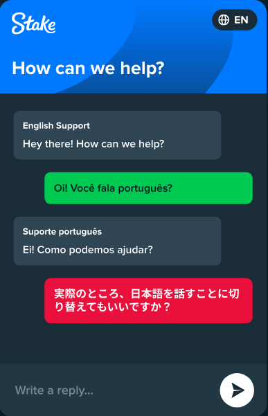 Stake Online chat. Function which allows to communicate in diffrent languages!